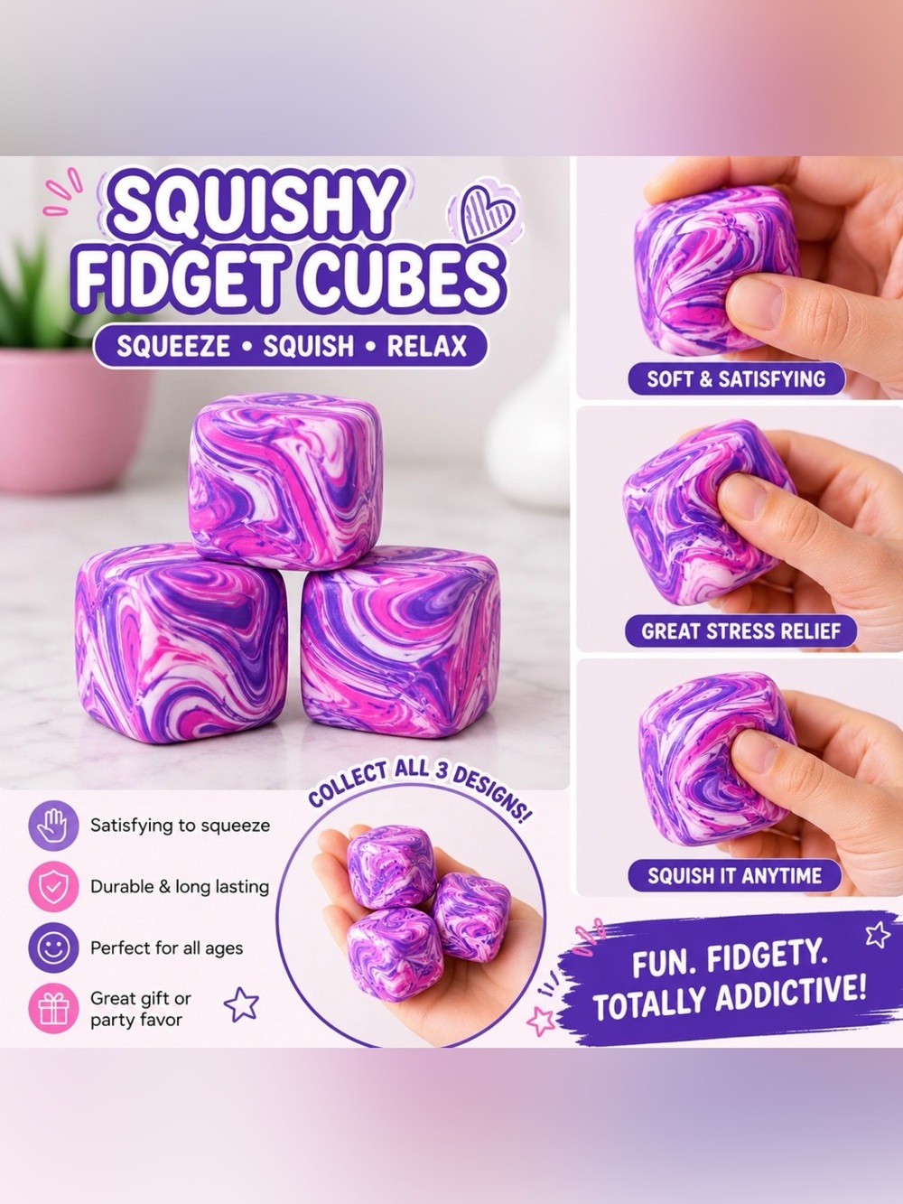 Squishy Fidget Cube  Set - Purple Pink Swirl